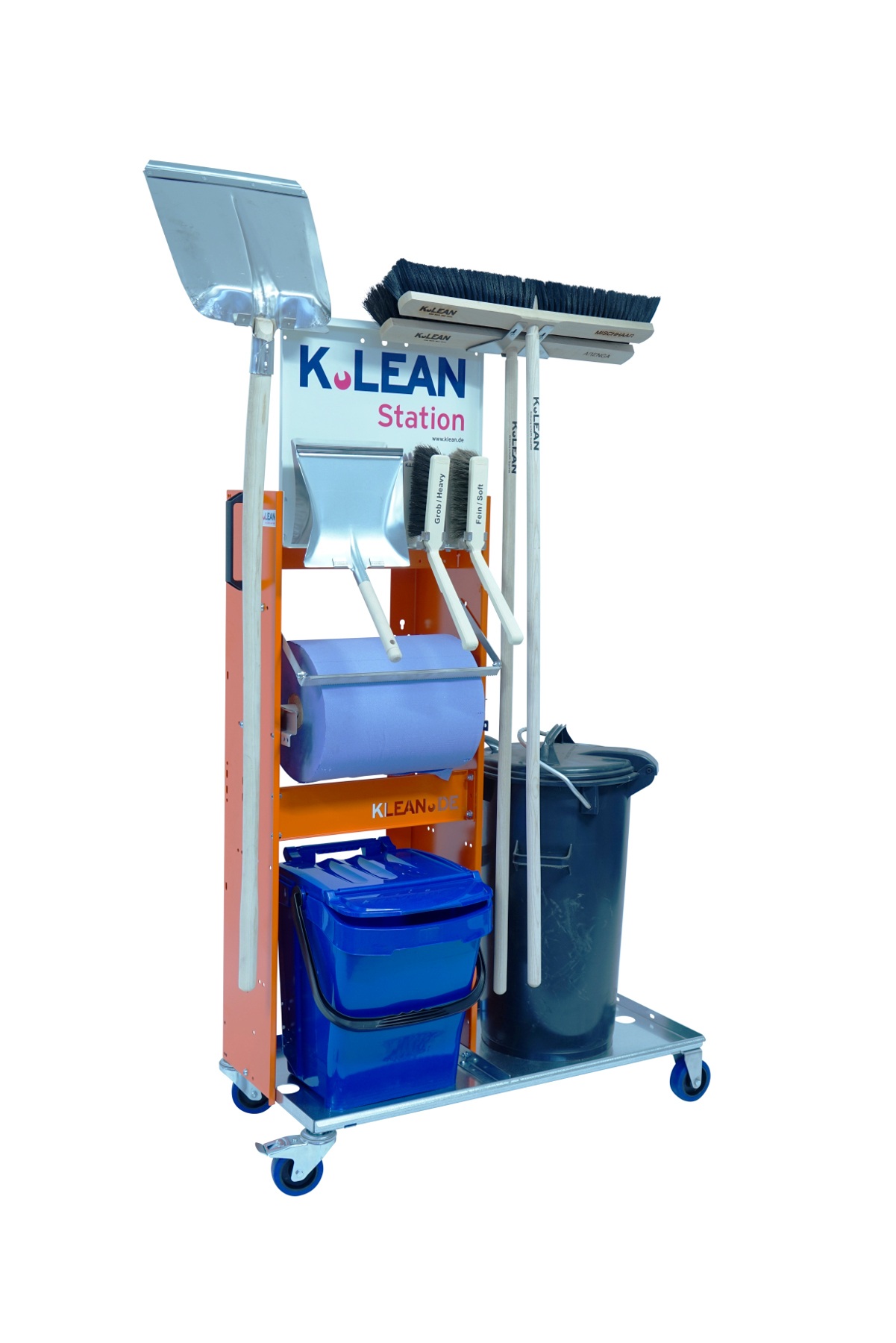 Moderne 5S Reinigungsinsel zur Sauberhaltung des Arbeitsplatzes mit allen Utensilien die Sie benötigen. Kehrschaufel, Mülleimer, Saalbesen Fein und Grob, , Handfeger Fein und Grob sowie Kehrschaufel und Putzpapier